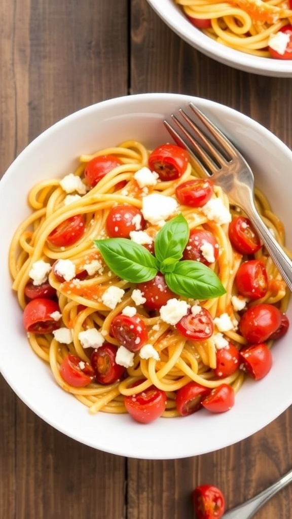 A bowl of tomato feta pasta with roasted tomatoes and feta cheese, garnished with basil on a wooden table.